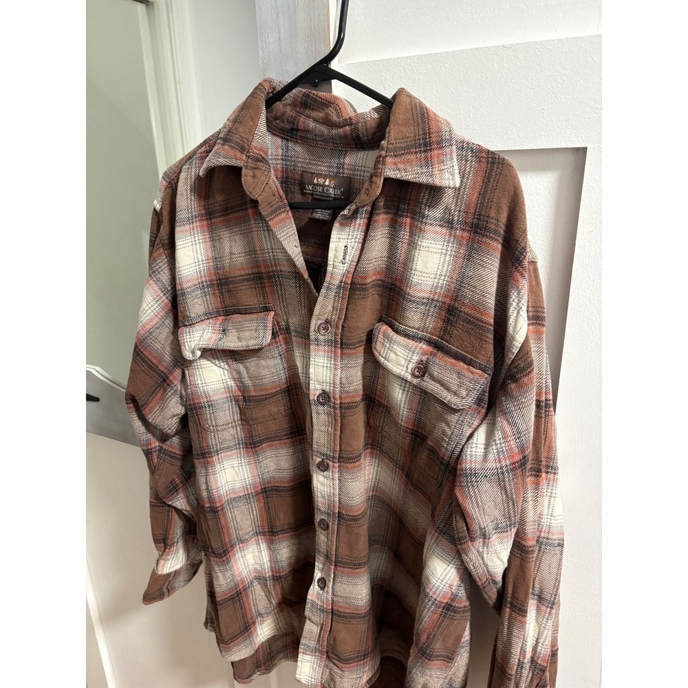 Moose Creek Mens Large Brown Orange Plaid Cotton Flannel Button Down Shirt L - Picture 1 of 3